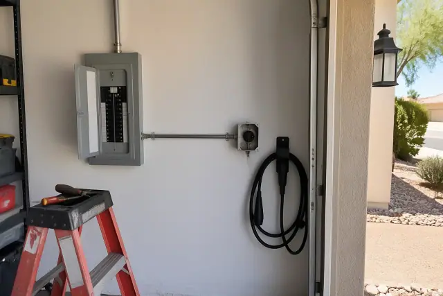 Technician photo of EV charger dedicated circuit installation in a Mesa, AZ residential garage.