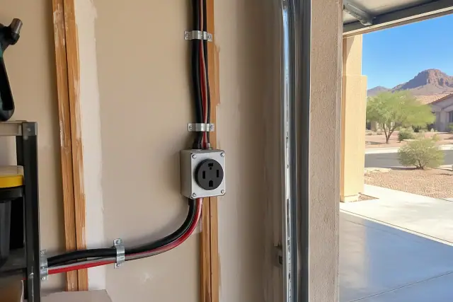 Heavy-gauge copper wiring secured to garage studs for a NEMA 14-50 outlet installation in Mesa, AZ.