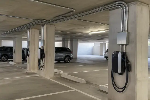 EV charger hardwired electrical conduit installation in an underground parking garage in Mesa, AZ.