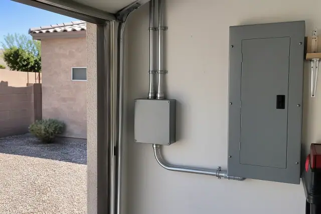 Residential EV charger panel upgrade with metal conduit in Mesa, AZ.