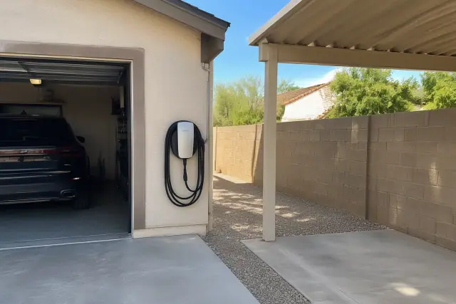Hardwired EV charger installation for a detached garage and carport in Mesa, AZ.