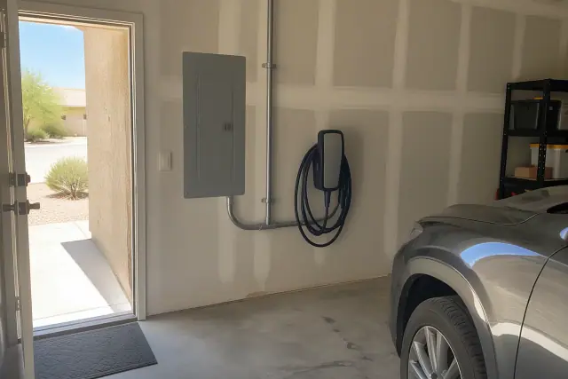 Hardwired EV charger and electrical conduit installed on a garage wall in Mesa, AZ.