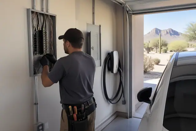 Electrician assessing an electrical panel for an EV charger at a home in Mesa, AZ.