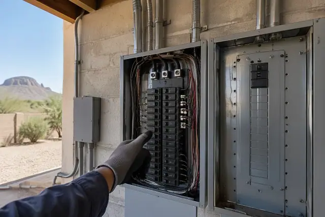Electrician pointing at an electrical panel in Mesa, AZ.
