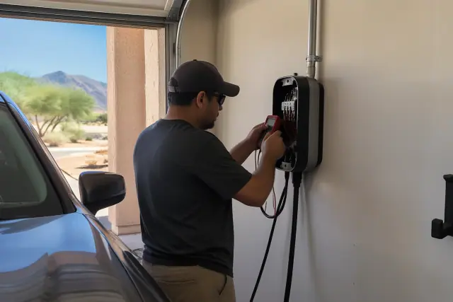 Electrician testing an EV charger circuit on a drywall wall in Mesa, AZ.