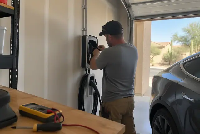 Electrician checking a garage EV charging circuit in Mesa, AZ.