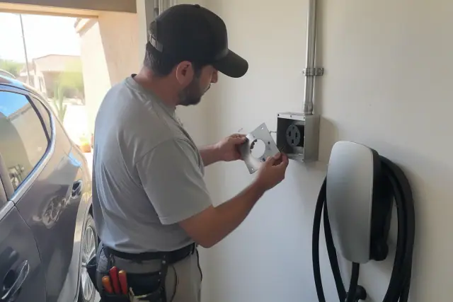 Electrician inspecting a NEMA 14-50 outlet with exposed ground wire on a drywall wall in Mesa, AZ.