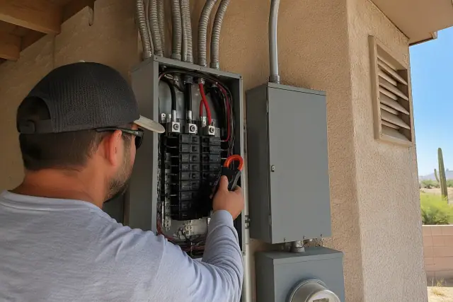Electrician checking an EV charger panel in Mesa, AZ, with a clamp meter on a breaker.