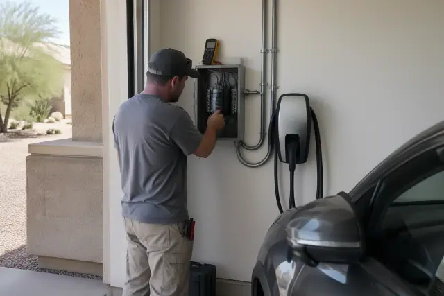 Electrician reviewing an EV charger electrical panel on a drywalled interior wall in Mesa, AZ.