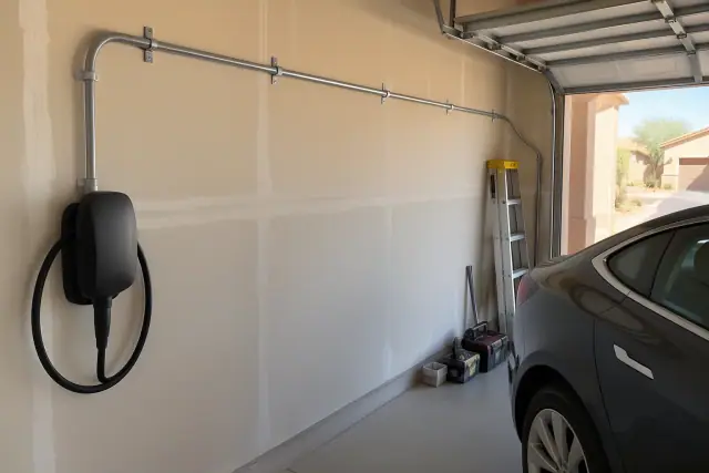 EV charger conduit route across a garage wall during residential installation in Mesa, AZ.