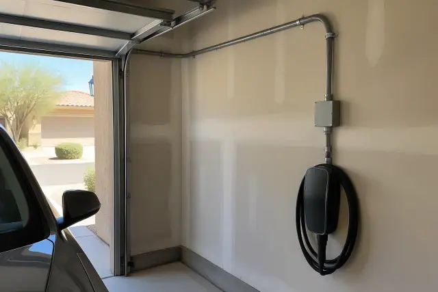 Grey electrical conduit on a desert-tan drywall wall in a Mesa, AZ garage.