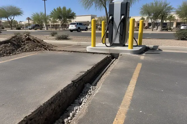 EV charger conduit trench cut across an asphalt parking lot in Mesa, AZ.