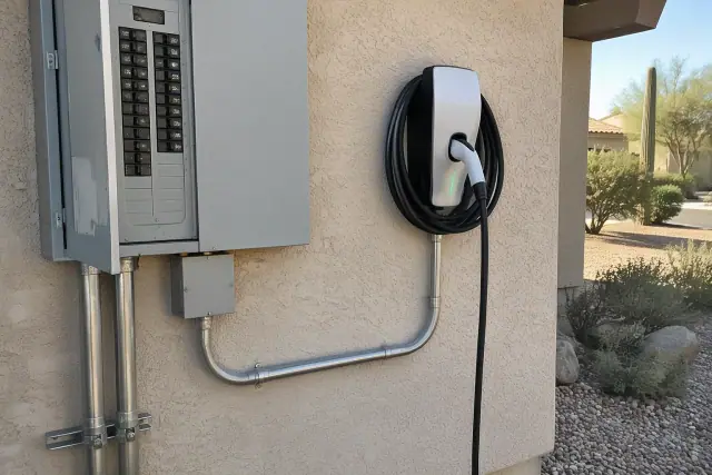 EV charger dedicated circuit installation on an exterior wall in Scottsdale, AZ.