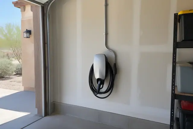 Hardwired EV charger installation with exposed conduit on a garage wall in Phoenix, AZ.