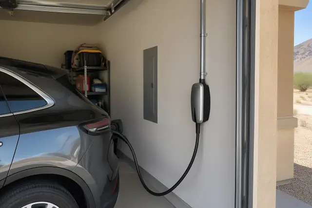 EV charger dedicated circuit installation on an interior wall in Apache Junction, AZ.
