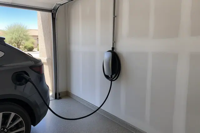 Hardwired EV charger and electrical conduit installed on an interior wall in Queen Creek, AZ.