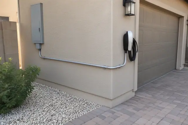 EV charger dedicated circuit installation on a tan stucco wall of a Gilbert, AZ house.