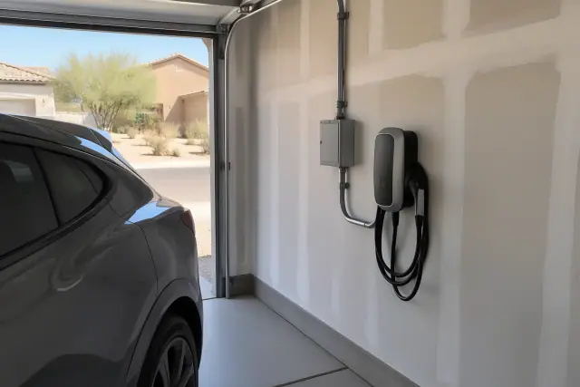 Wall-mounted EV charger and electrical conduit installed in a garage in San Tan Valley, AZ.