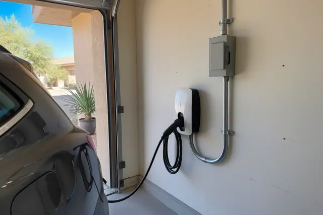 EV charger dedicated circuit installation with conduit on a wall in Mesa, AZ.
