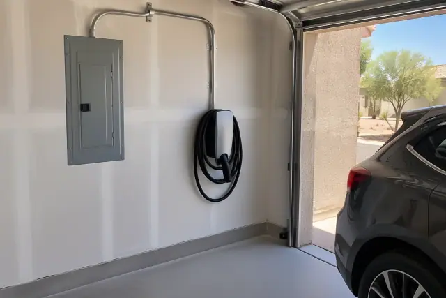 Technician photo of EV charger installation with electrical conduit on a wall in Tempe, AZ.