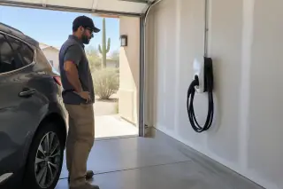 Technician observing an EV charger and conduit on a drywalled interior wall in Mesa, AZ.