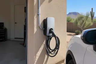 Desert-facing stucco exterior wall with an EV charger installation in Mesa, AZ.