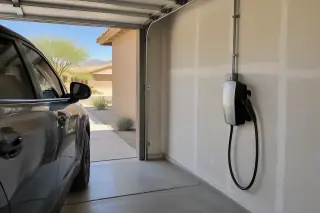 Parked vehicle next to a hardwired EV charger and conduit in a Mesa, AZ garage.