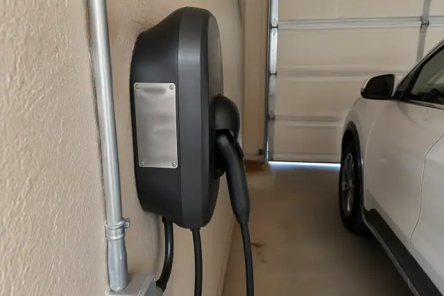 EV charger nameplate and conduit on a drywalled wall in Mesa, AZ.