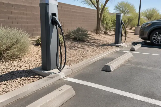 Dual EV charging pedestals and painted parking stalls in a Mesa, AZ employee lot.