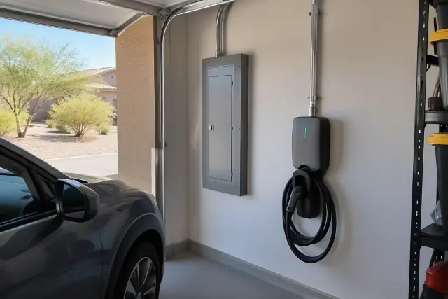 EV charger panel upgrade with hardwired conduit in a San Tan Valley, AZ garage.