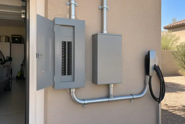 EV charger panel upgrade with heavy conduit and mounting brackets on a stucco wall in Mesa, AZ.