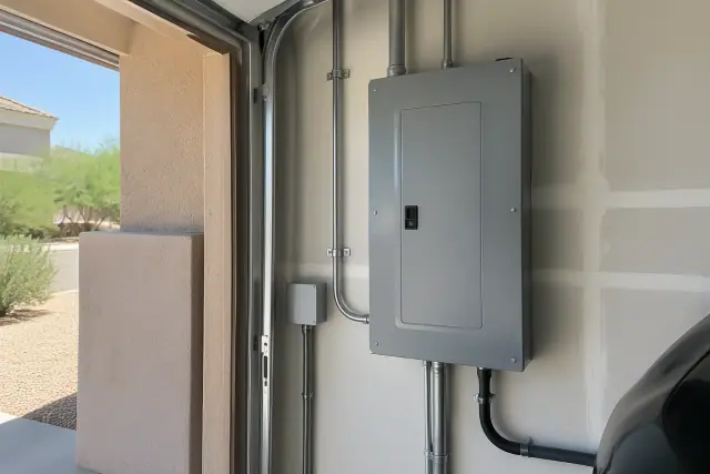 Contractor photo of an EV charger panel upgrade on a garage wall in Gilbert, AZ.