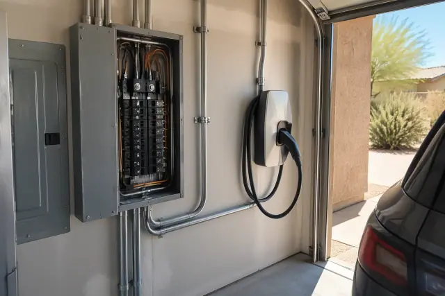 Upgraded electrical breaker box and copper wiring for an EV charger in a Scottsdale, AZ home.