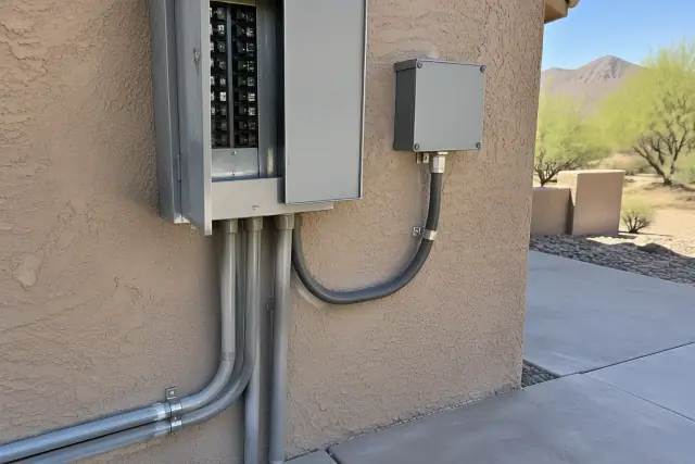 EV charger panel upgrade with heavy-gauge conduit on a stucco wall in Gold Canyon, AZ.