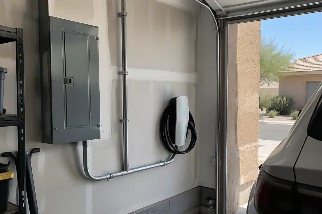 EV charger panel upgrade with conduit in a residential garage in Chandler, AZ.
