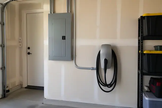 EV charger panel upgrade with electrical conduit on a drywall wall in Phoenix, AZ.