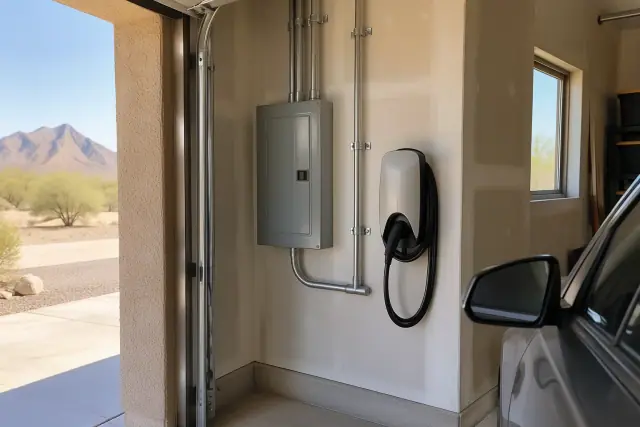 EV charger installation with conduit on an interior wall in Apache Junction, AZ.