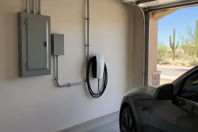 EV charger panel upgrade and Tesla Wall Connector installation on an interior wall in Mesa, AZ.