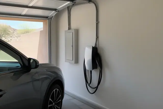 EV charger installation with clean conduit runs on a garage wall in Fountain Hills, AZ.