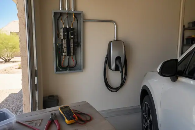 EV charger panel upgrade with exposed conduit and wiring in Queen Creek, AZ.