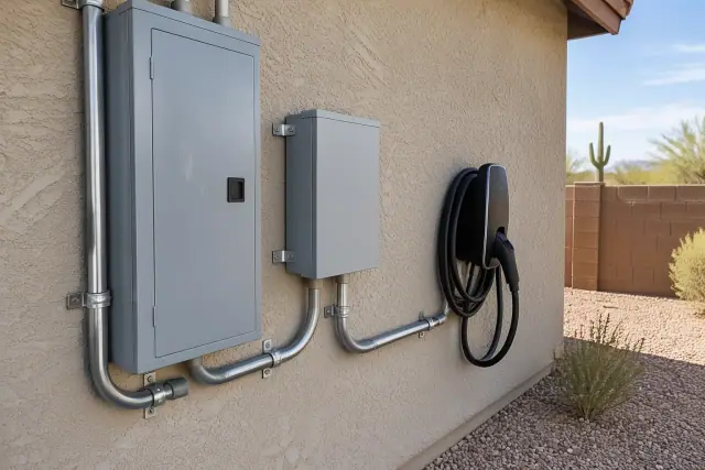 EV charger panel upgrade with heavy-duty conduit on a stucco wall in Mesa, AZ.
