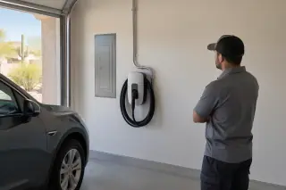 Technician observing an EV charger and conduit in a Mesa, AZ garage.