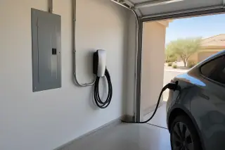 EV charger, electrical conduit, and parked vehicle in a Mesa, AZ garage.