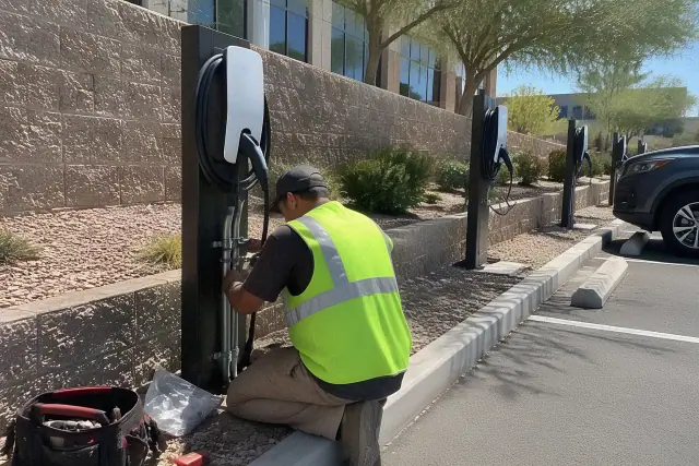 EV charger repair and replacement at a commercial office building in Mesa, AZ.