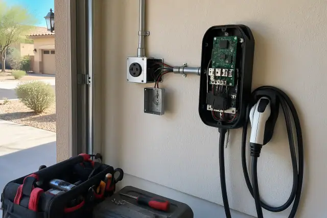 Technician troubleshooting a residential EV charger and NEMA 14-50 outlet in Mesa, AZ.