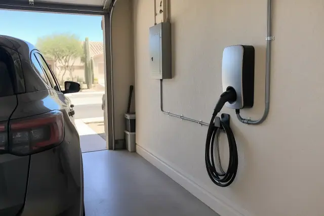 Hardwired EV charger installed on a stucco wall in a residential garage in Mesa, AZ.