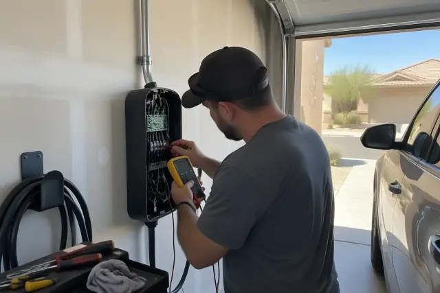 Technician repairing an EV charger on a residential garage wall in Queen Creek, AZ.