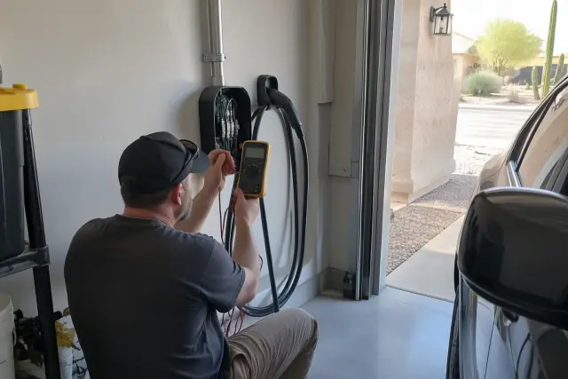 EV charger repair and troubleshooting in a residential garage in Apache Junction, AZ.