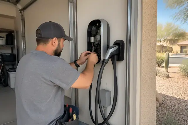EV charger repair and troubleshooting in a residential garage in Mesa, AZ.