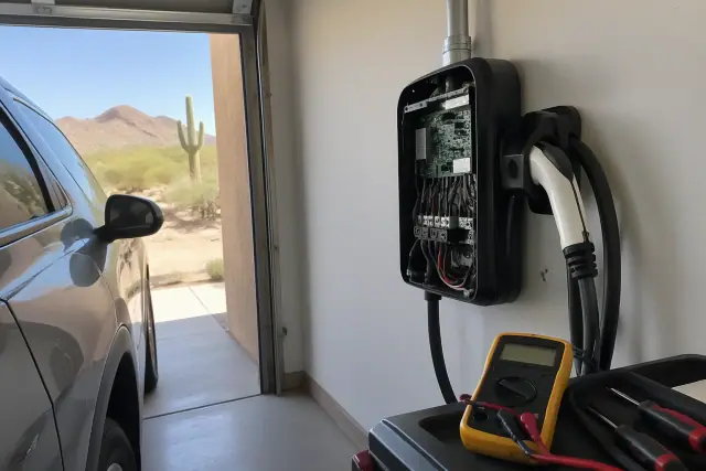 EV charger repair and troubleshooting in Fountain Hills, AZ, showing an open wall-mounted unit and a multimeter.